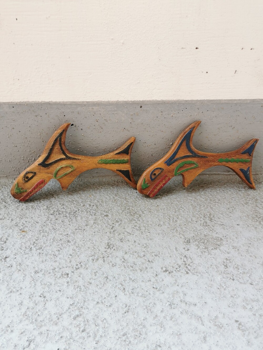Vintage Hand Carved Hand Painted Wooden Salmon Wall Art Pair Folk Art